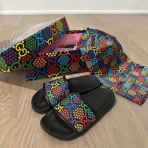 Gucci Women’s Psychedelic Collection Black & Rainbow Slide Sandals